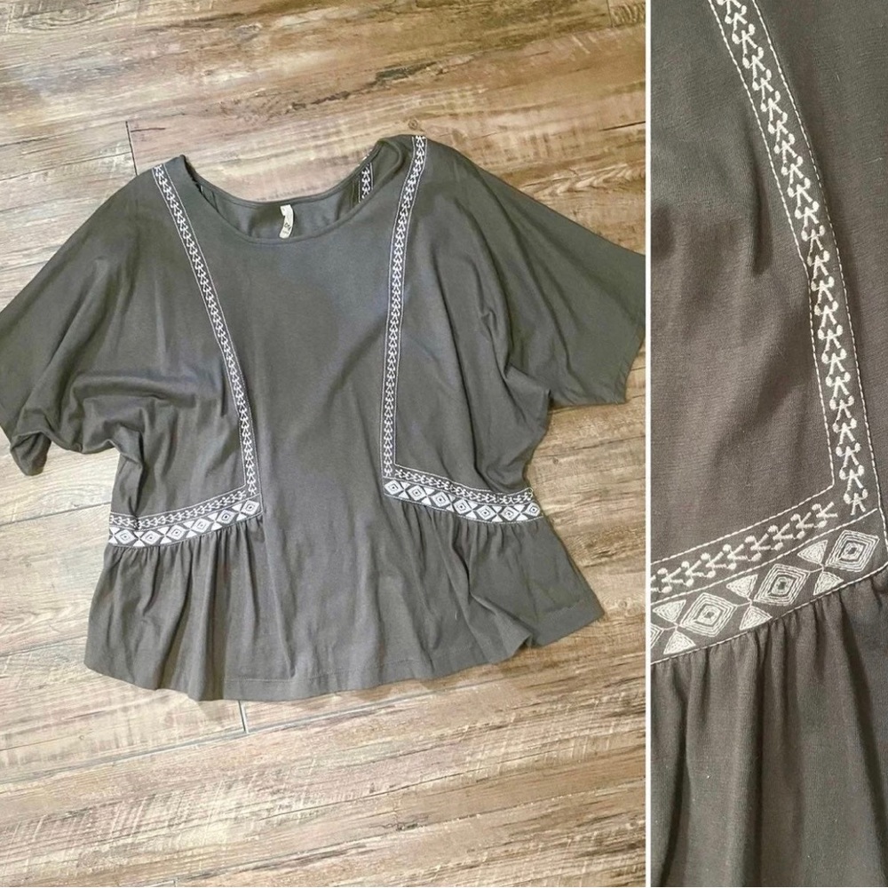 Dark olive top with white embroidered detail